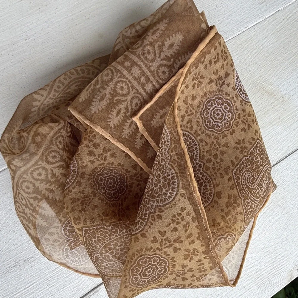 by Ben Goodman Vintage Paisley Sheer Silk Scarf Tan Brown Oblong Made in Japan